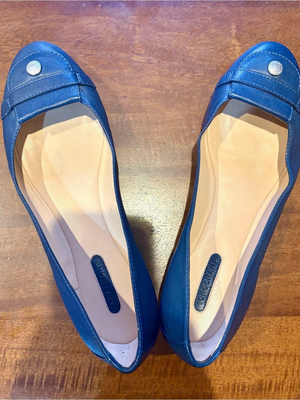 Longchamp Navy Leather Ballet Flats with Logo Button